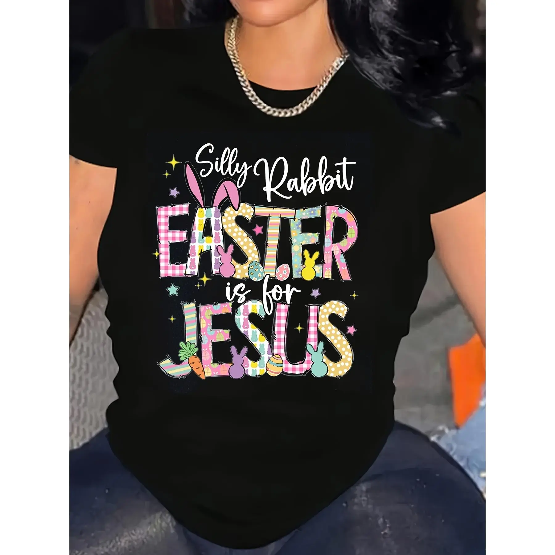 [100% Cotton] Silly Rabbit Easter T-Shirt For Women - 100% Round Neck Short Sleeve Top, Black With Colorful Easter Graphic, Casual Spring & Summer Wear, Large Size T-Shirt For Men And Women