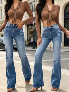 Ladies' high waisted jeans, elastic wide leg boyfriend style, Mid Rise Bootcut Jeans slightly flared casual denim pants