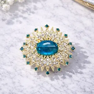 Blue Crystal Brooch, Statement Rhinestone Brooch, Gold Starburst Brooch, Vintage Style Pin, Elegant Wedding Jewelry, Luxury Brooch Gift for