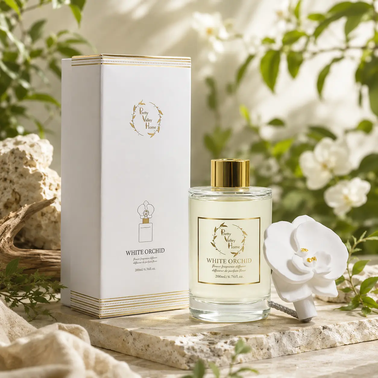 Pretty Valley Home Reed Diffuser Set - White Orchid Ceramic Flower Fragrance Diffuser (6.76 fl. oz/200ML) for Room Decor, Bathroom, Office