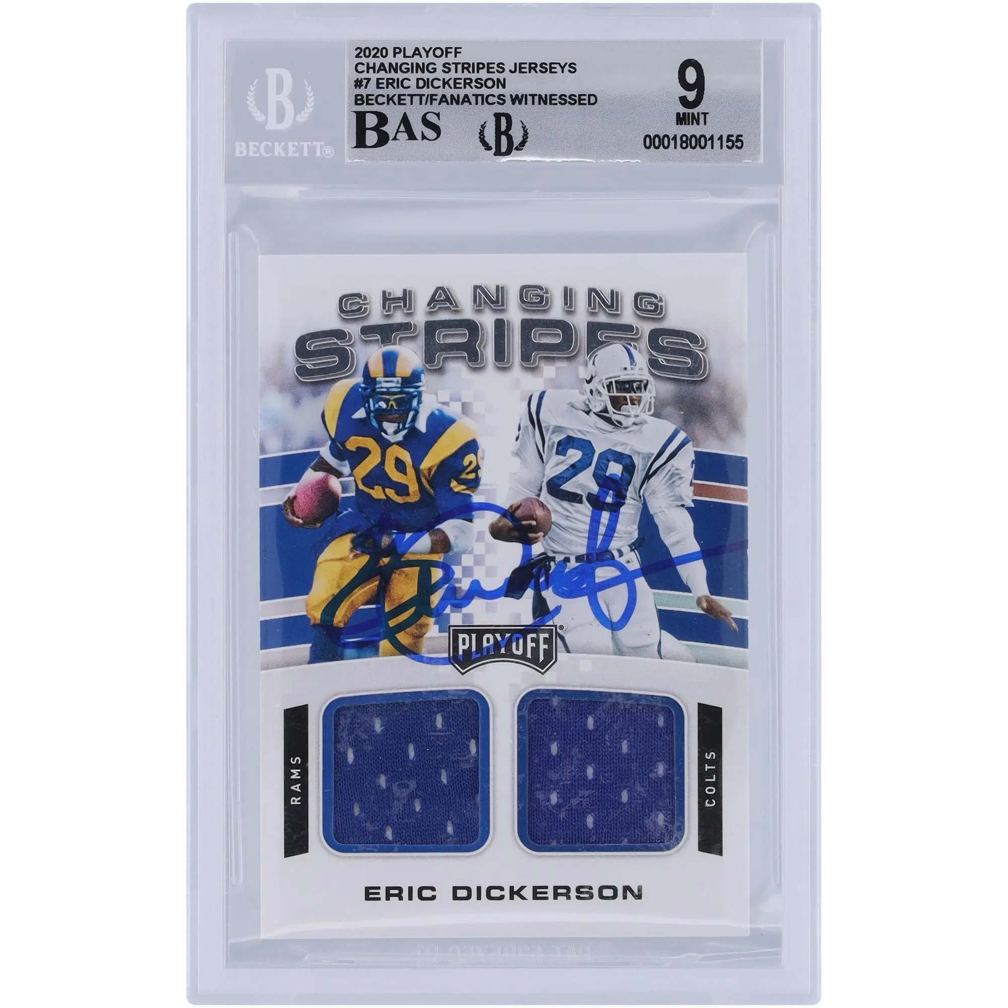 Eric Dickerson Los Angeles Rams Autographed 2020 Panini Playoff Changing Strips Dual Jersey Relic #CS-ED Beckett Fanatics Witnessed Authenticated 9/10 Card - Fanatics Authentic Certified