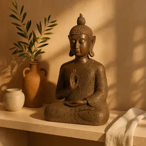 Buddha Brown Polystone Meditating Decorative Sculpture with Engraved Carvings and Relief Detailing