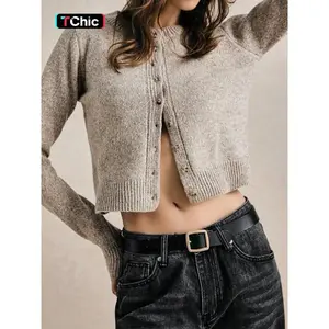 Women's Knitted Round Neck Cardigan with Button Front, Long Sleeve Ribbed Short Style for Office & Casual Wear, Elegant Spring & Autumn Fashion
