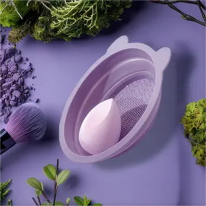 3 Pcs Makeup Bruch &Powder Puff Cleaning Set with Foldable Cleanser Bowl, Drying Net Bag and Multifunction Cleaning Brush for All Makeup Cosmetic Tool, Makeup Tool Washing & Drying Rack, Makeup Brush Cleaning Tool Set for home &Travel.