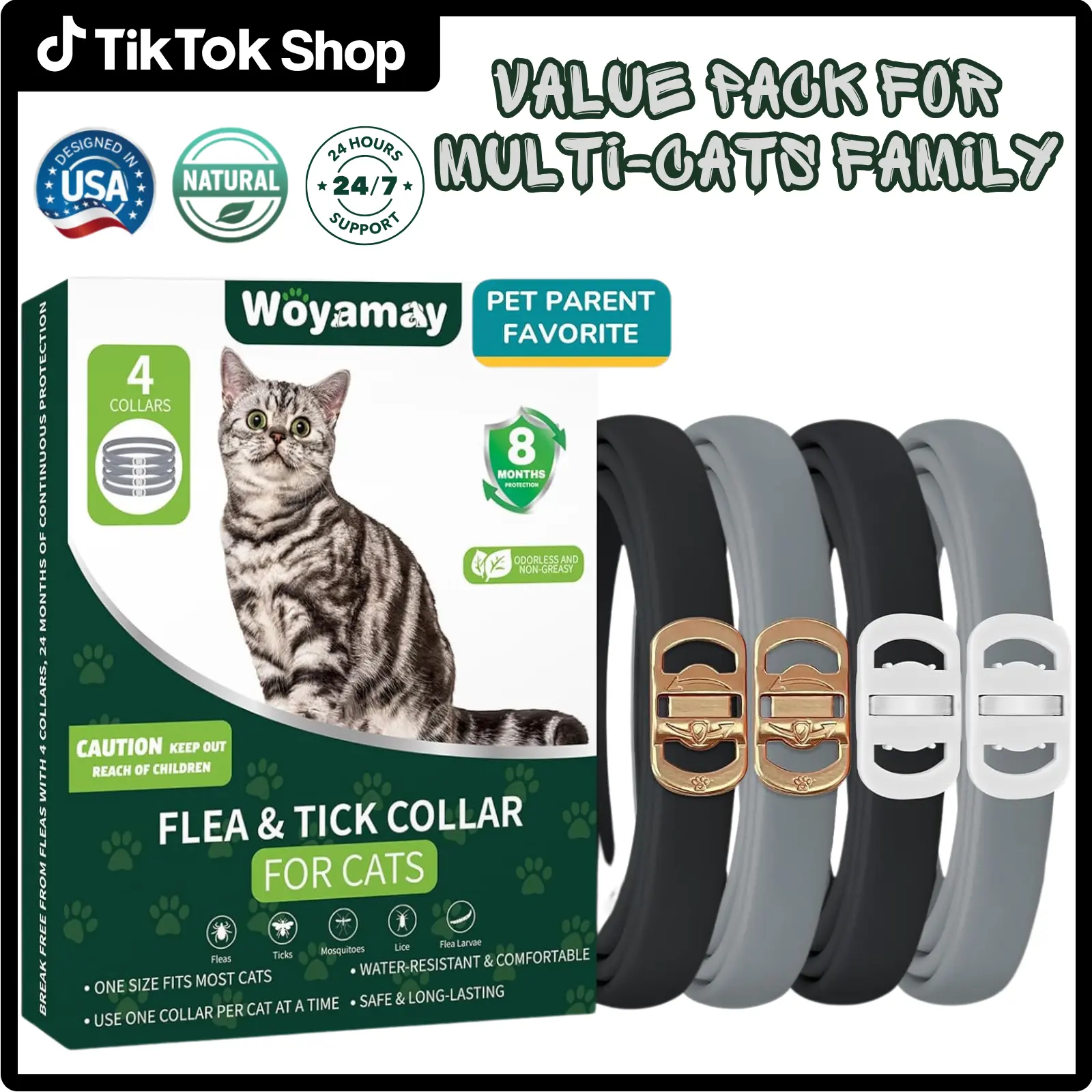 4 Pcs Cat Flea & Tick Prevention Collars for 32 Months Protection, Flea, Tick, Larvae Repellent Collars with Natural Essential Oil for Cats, Waterproof Adjustable Collar One Size Fits All Sizes Breeds, Odorless & Non-Greasy