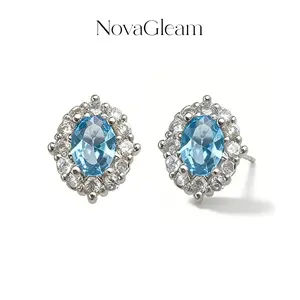 NovaGleam Jewelry Silvery Aquamarine Stud Earrings for Women, Oval Cut Halo Cubic Zirconia Skin-friendly Material Earrings for Daily & Party Wear Gift