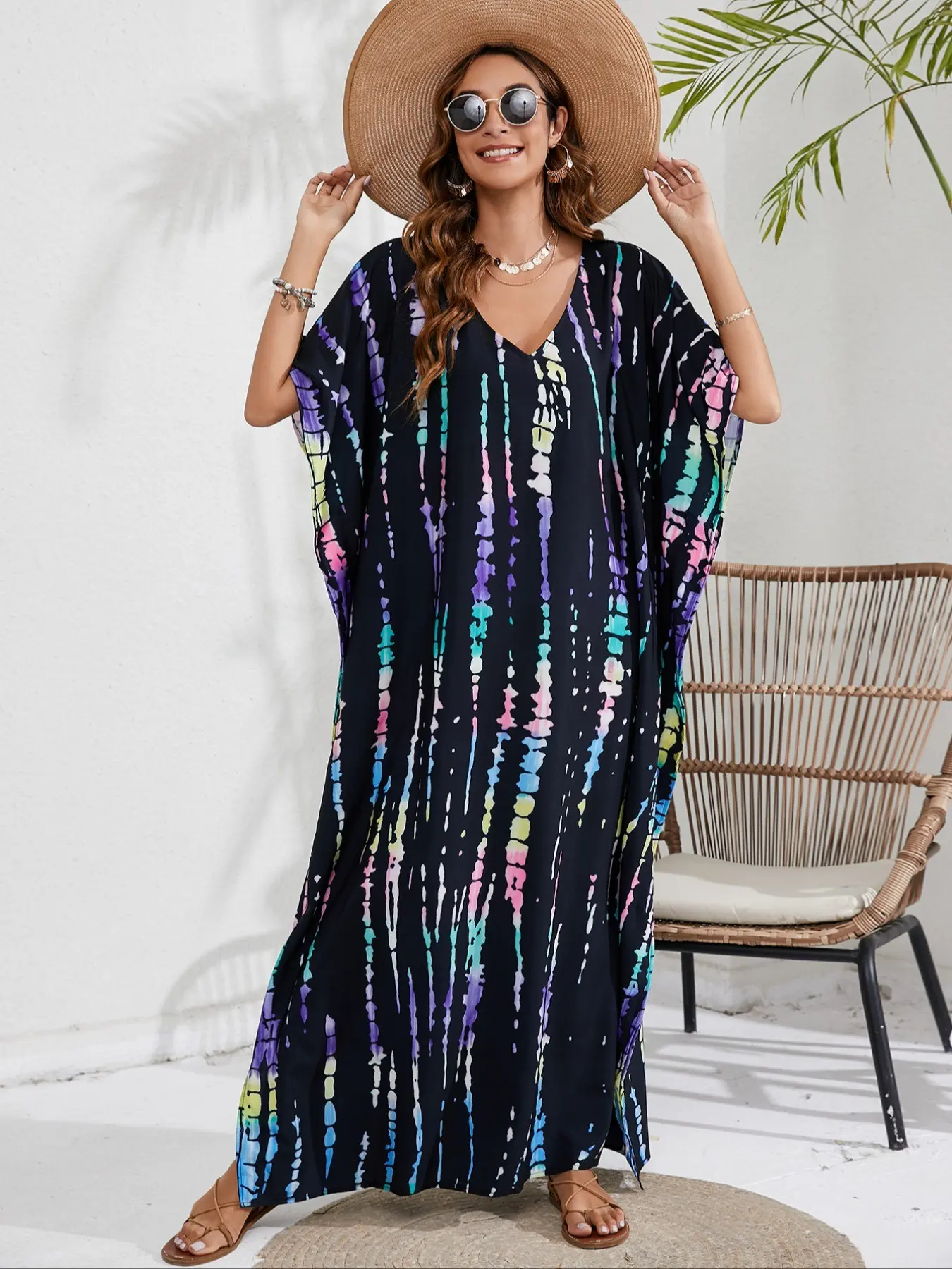 Elegant Women's One-Size Dress, Batwing Sleeve, Woven Print Fabric, Perfect for Vacation Relaxation, Home Wear, Casual Wear, Stylish, Chic and Comfortable