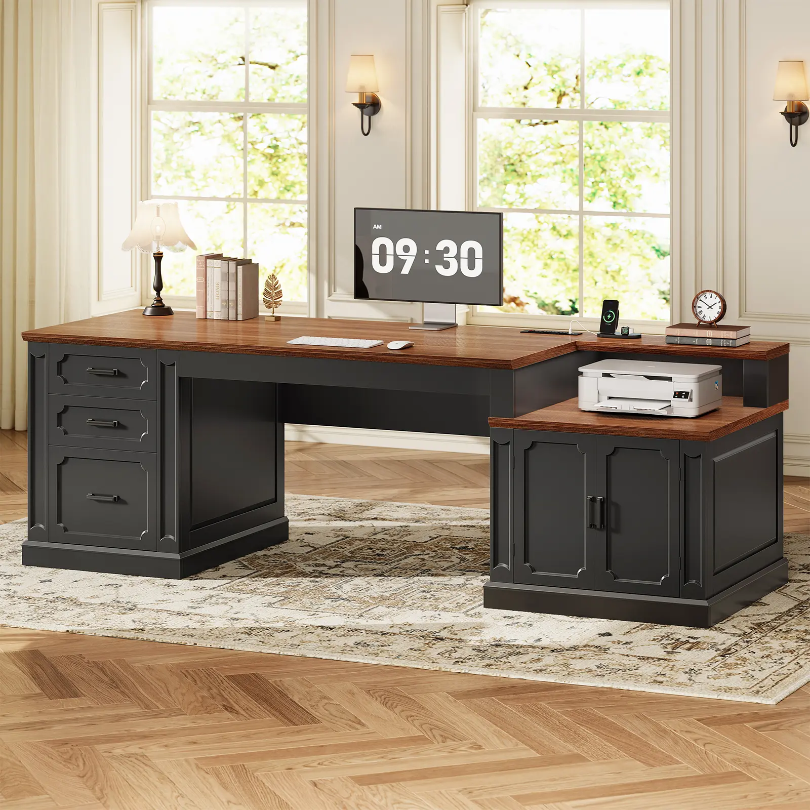 Sedeta 70.9-Inch Sturdy Modern Farmhouse Home Office Desk - Wood Workstation, Multi-Level Drawer Computer Armoire, Executive Furniture with Large Distressed Wood Surface, Sliding Drawers, Storage Platform, Cabinet, Printer Stand, Power Outlet, Home Office