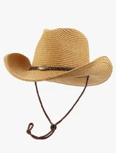 Cowboy Hat Beige with String for Women Men Foldable Summer Sun Protection Straw Beach Hats