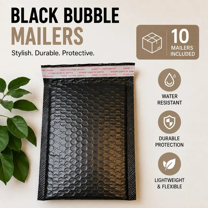 10-Pack Black Bubble Mailers, 5x8 Inch Self-Seal Padded Shipping Envelopes, Lightweight Protective Mailers for Small Business & Small Items