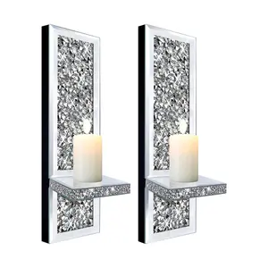 2 Piece Wall Candle Holders, Glass Mirror Embedded Rhinestones, Luxurious Wall Candle Sconces, Suitable for Living Room, Bedroom, Bathroom
