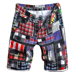 Men’s summer hip-hop style patchwork denim shorts, knee-length, featuring multiple patterns—plaid, polka dots, and stripes—trendy straight cut.