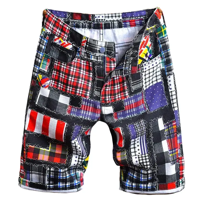 Men’s summer hip-hop style patchwork denim shorts, knee-length, featuring multiple patterns—plaid, polka dots, and stripes—trendy straight cut.