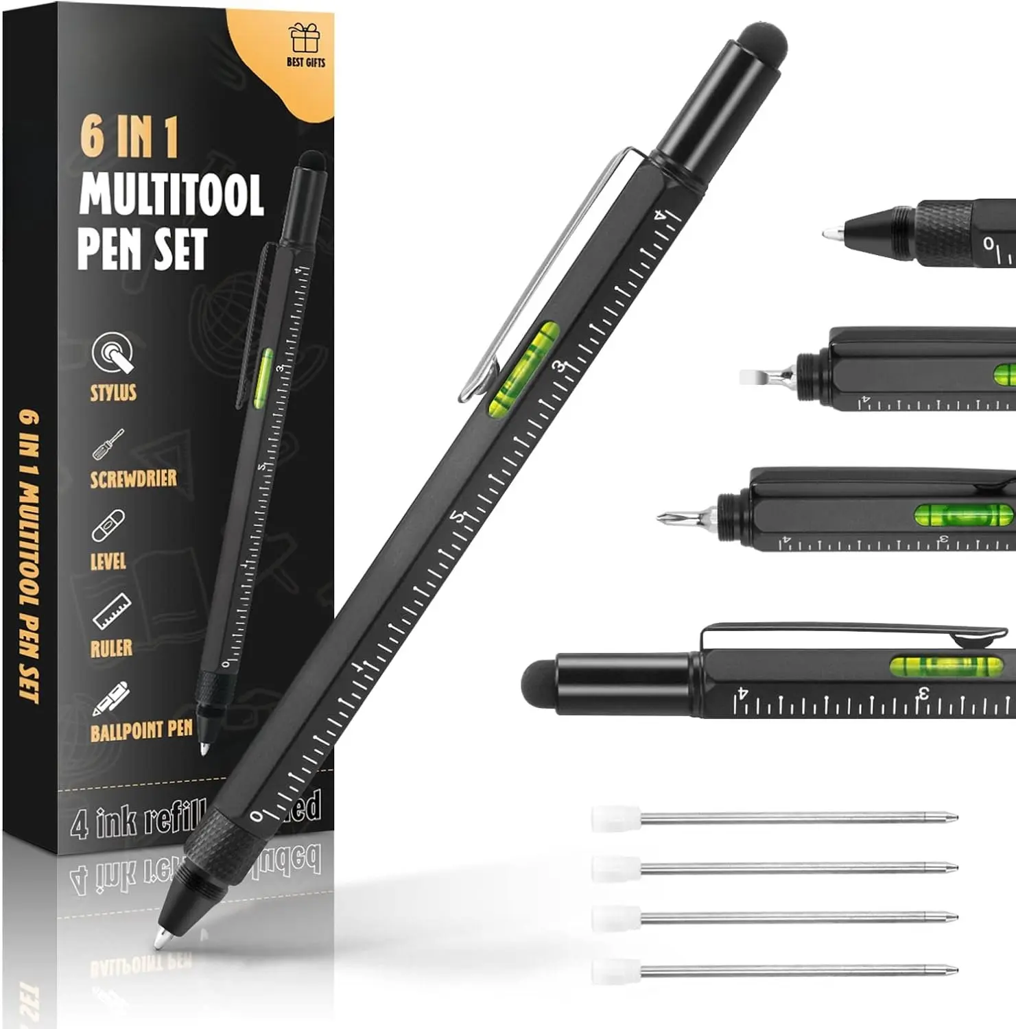 Cool Pen Gifts for Men, 6-in-1 Multi Tool Tech Pen Gadgets Tools for Men, Personalized Gifts for Dad or Him, Funny  for Christmas, Father's Day Valentines or Birthdays Gifts (Black)