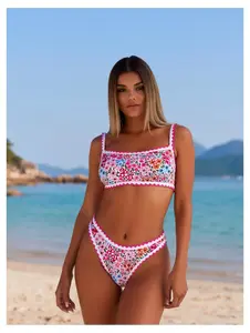 Floral Bandeau Bikini Top for Women - Pink Ric Rac Square Neck Swimsuit Top with Tie Back, Removable Padded Bra, Adjustable Straps, Cute Summer Beach Pool Bathing Suit Top
