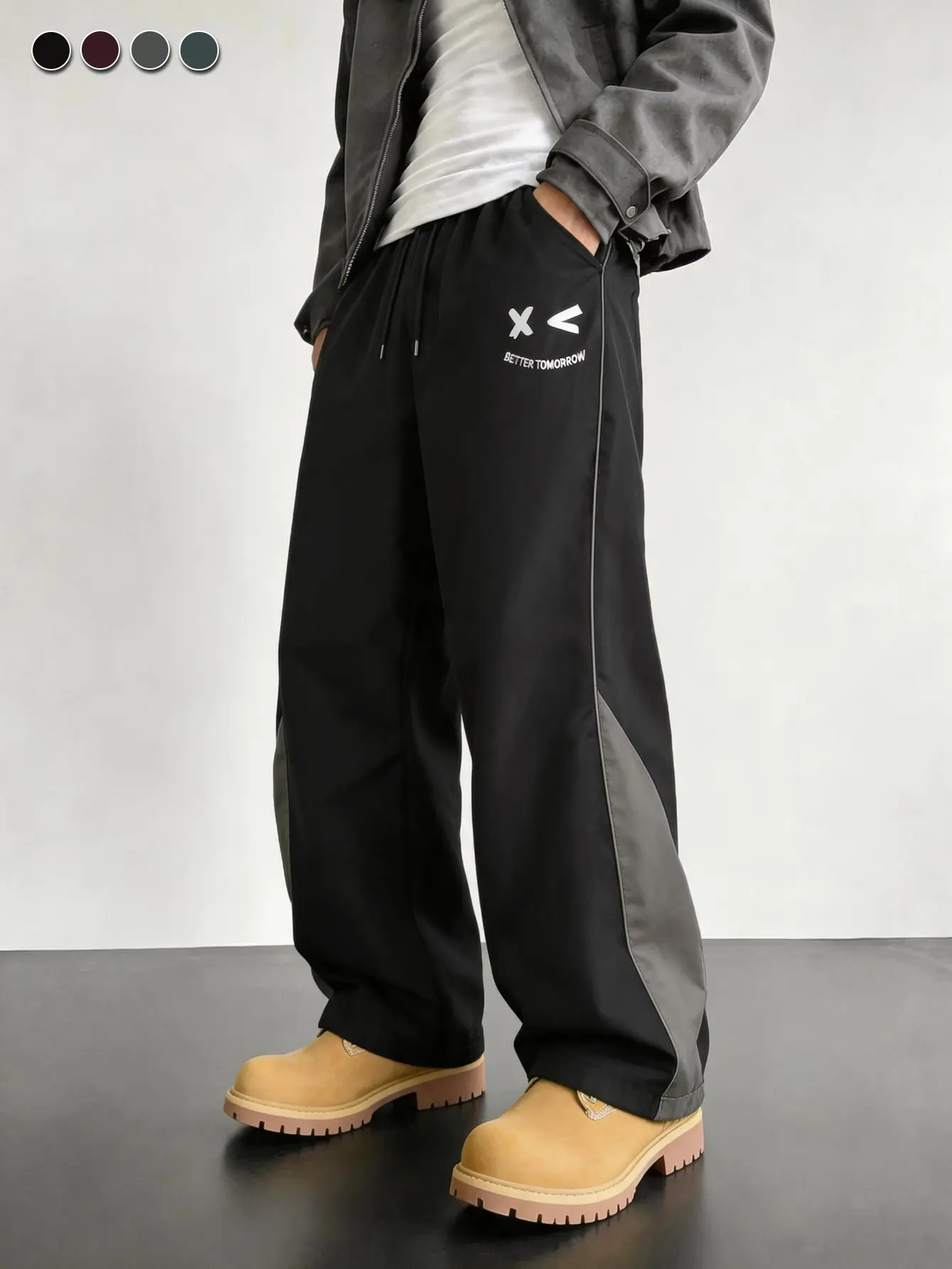 Men’s color-block sweatpants with smiley print — high-street functional style + casual athletic style, elastic waistband fabric, American campus style + street trend style, Y2K retro smiley print
