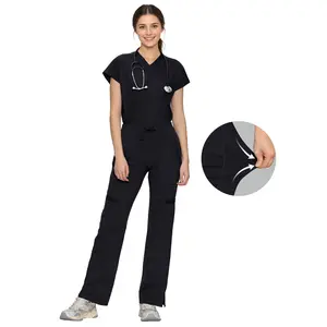 COZYSCRUBS Women's Yoga Scrubs 2-Piece Workwear Uniforms - V-Neck Batwing Sleeve Knit Top & Straight Leg Pants with 6 Pockets, Breathable Spandex-Nylon Fabric for Summer Vibes
