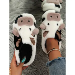 Women's New Fashion Trendy Cartoon Cow Head Indoor Outdoor Cotton Slippers, Fluffy Home Slippers, Winter Casual Warm Home Shoes, Anti-Slip Lightweight Unisex