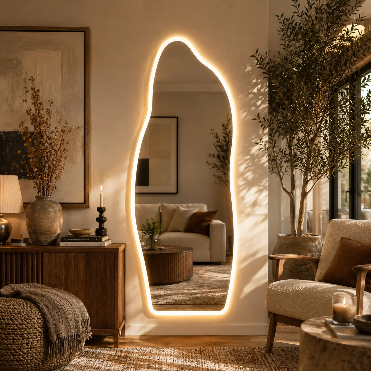 65" x 25" Irregular Organic LED Full Length Wall Mirror, Asymmetrical Tempered Glass Dressing Mirror with 3 Color Lighting, Dimmable Touch Control for Bedroom Closet Entryway