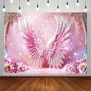 Glittery Feather Angel Wings Textile Backdrop - Sparkling Stars, Romantic 2D Flat Design for Weddings, Events, Decor Banners & Ornaments
