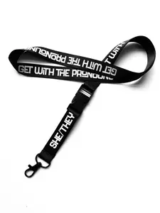 Get With The Pronouns She/They Premium Nylon Detachable Pronoun Lanyard with metal buckle (Black)