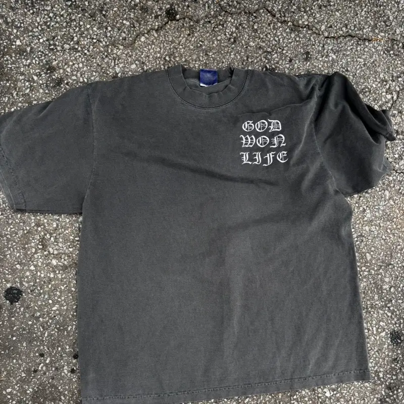GodWonLife T sliver old English letters on smoky grey heavy duty gray cotton shirt