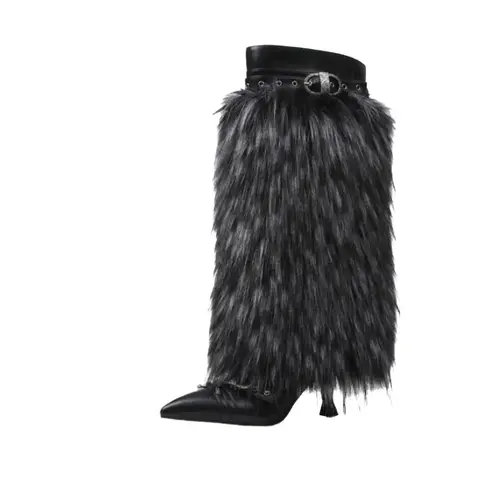 Women's Black Faux Fur Trim Knee-High Stiletto Heel Boots - Winter Party Footwear, Holiday Special Occasion Heels, Faux Fur Boot, Shoes for Women