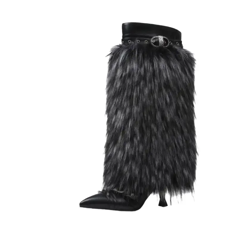 Women's Black Faux Fur Knee-High Stiletto Heels Boots - Winter Party, Holiday Special Occasion Footwear (Faux Fur Boot)