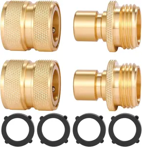 3/4 in Brass Garden Hose Fitting Quick Connector Set - 2 Sets with 2 Female Quick Connectors, Garden Accessories, 200 psi, Continuous Water Flow, Easy to Connect