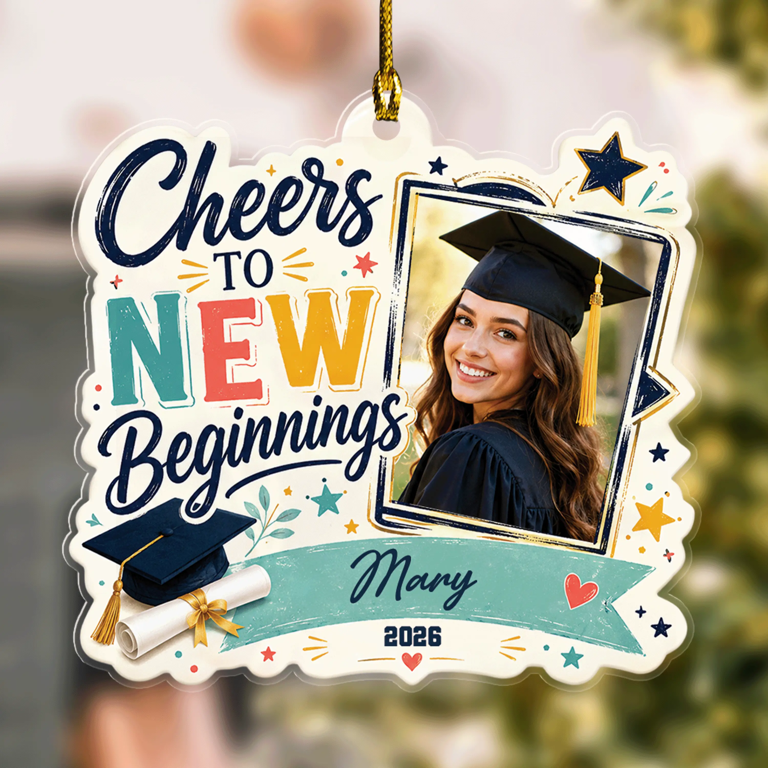 Cheers to New Beginnings Personalized Acrylic Ornament with Photo, Custom Name Graduation Gift