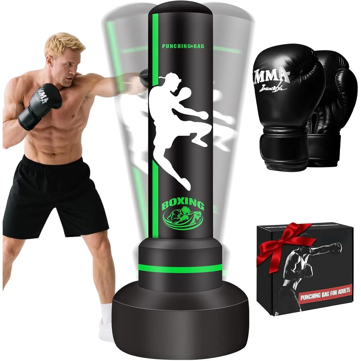 Freestanding Punching Bag with Gloves, 70'' Heavy Boxing Bag with Stand for Adult Teens, Standing Women Men Inflatable Kickboxing Bags for Beginners Training MMA Muay Thai Fitness