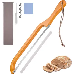 15.7-in Premium Stainless Steel Wooden Handle Bread Bow Knife, Serrated Slicer with Fiddle Bow Design for Easy Cutting, Ideal for Bagels, Baguettes