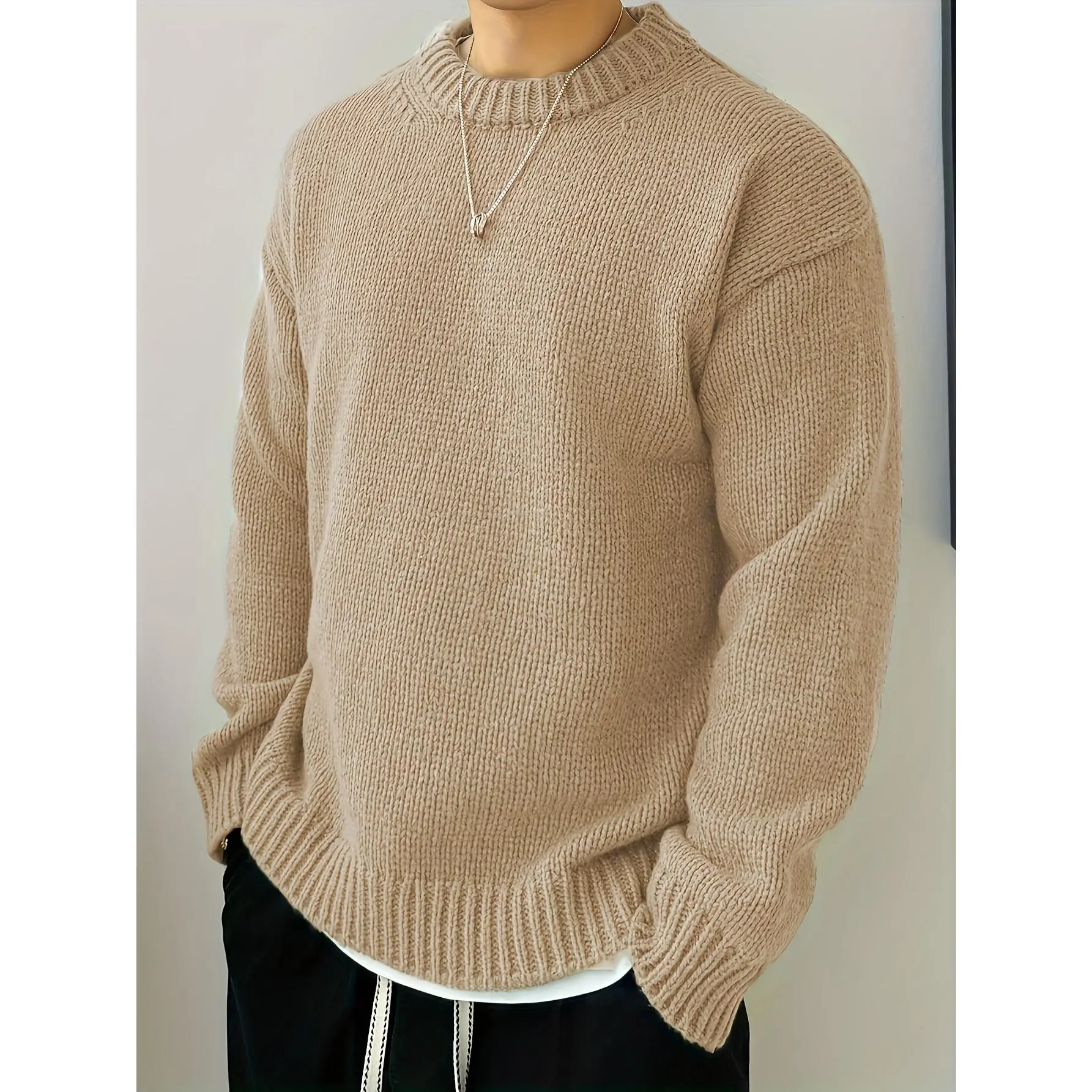 Men's Casual Black Knit Sweater, Basic Plain Look Crew Neck Pullover Tops, Soft Long Sleeve Menswear for Fall and Winter, Soft Texture, Clothes, Longsleeves
