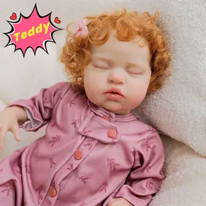 Teddy 19 inch Asleep Reborn Baby Girl Dolls with Rooted Curly Hair Lifelike Handmade Cloth Body Soft Vinyl Real Life Doll for Kids Age 3+ Birthday & Christmas Gift Set
