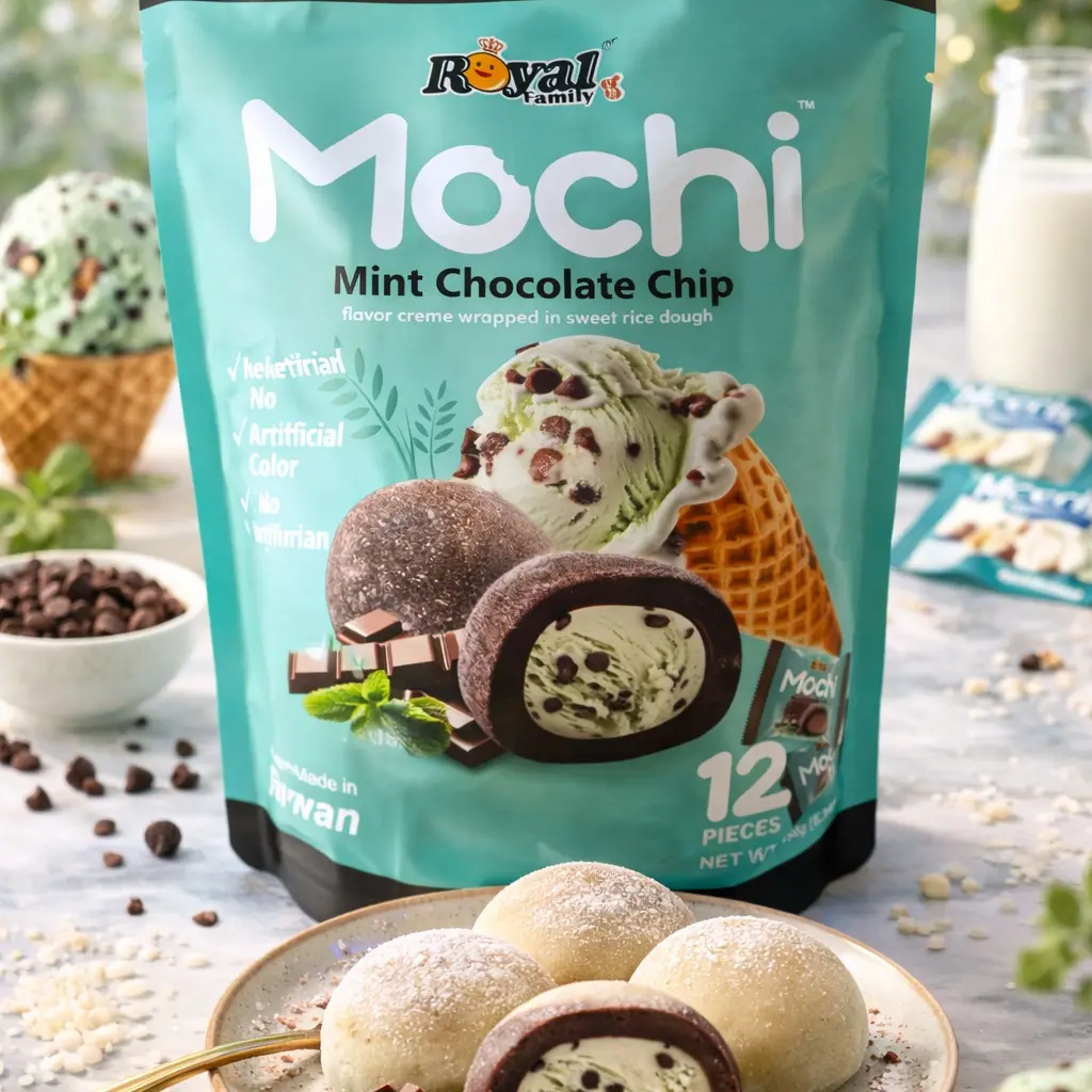 ROYAL FAMILY Mochi - Mint Chocolate Chip Ambient Sweet Snacks, Gluten-Free, Vegetarian, Lacto-Vegetarian, Low-Fat Treats in Peg Bag