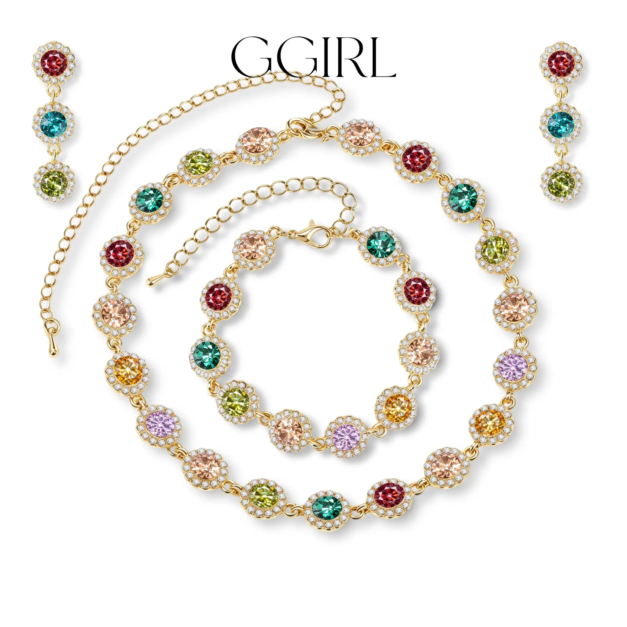 GGIRL Rhinestone Bling Colorful Combo Jewelry Set - Mix Pieces Bling Effect Bright Colored Matching Set with Stackable Choker, Bracelet, Earring for Women, Daily/Party Use, Holiday Gift - Style Your Way, Bright Colored Jewelry Sets, Combo Jewelry Sets