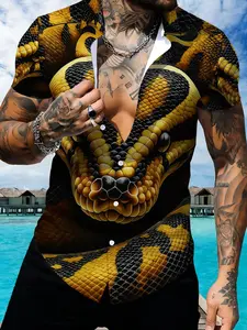 Snake Skin Printed Short Sleeve Shirt for Men, Trendy Brand 3D Stereo Pattern Casual Fashion Top