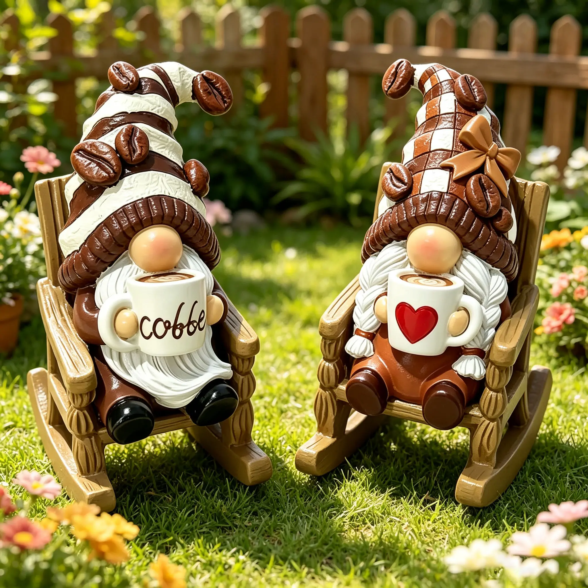 Sangeren 2-Piece Rocking Chair Coffee Gnome Resin Figurine, Swinging Rocker Swedish Tomte Statue, Farmhouse Coffee Bar Tabletop Decor, Gift for Coffee Lovers**