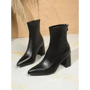 Women’s Fashionable High-Heel Short Boots, Slip-On Pointed-Toe Ankle Booties, Stylish Thick-Soled Shoes for All Occasions