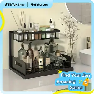 Find Your Jun Double-Tier Under-Sink Storage Rack & Slide Out Pull Out Cabinet Organizer for Kitchen Bathroom Pantry Closet Modern Home Decor Space-Saving Metal Design - Decorative