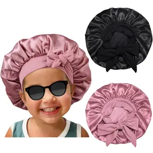 SQ-HDW211 Satin Silk Bonnet Hair Cap: 2pcs Bonnets for Kids with Elastic Tie Band Adjustable Straps for Sleeping Sleep Comfortable - Stretchy Tie Band Hair Bonnets No Slip-Off (Black-Rosegold-K) Haircare Lightweight Silky Heatless Smooth Black+Pink