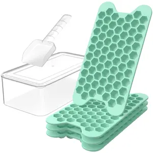 Easy Release Stackable 4 Pack honeycomb Small Ice Cube Tray With Scooper and Bin Plastic Hexagon Ice Cube Maker for Freezer