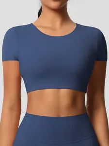 Women's Solid Color Crew Neck Crop Sports Tee, High Stretch Casual Comfortable Breathable Quick Drying Round Neck Short Sleeve Cropped T-shirt for Yoga Gym Workout Running, Ladies Sportswear for All Seasons, Fitness Clothes Tops