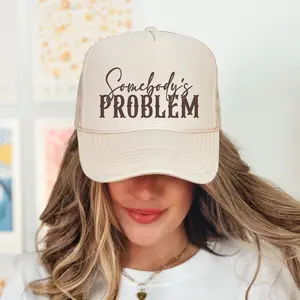 Somebody's Problem Funny Classic Foam Trucker Hat Khaki - Adjustable Snapback Closure, Breathable Mesh Back, Casual Style, Lightweight Design