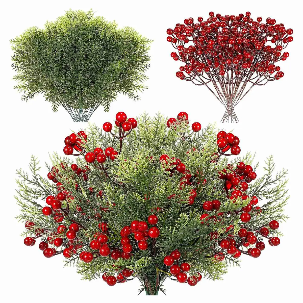 48 Pcs Realistic Glossy Plastic Christmas Artificial Cedar Branches - Floral Decor Picks with Pine Leaves, Berries, Holly, Metal, Foam Balls, Greenery Stems for Christmas Tree, Door, Restaurant Decor