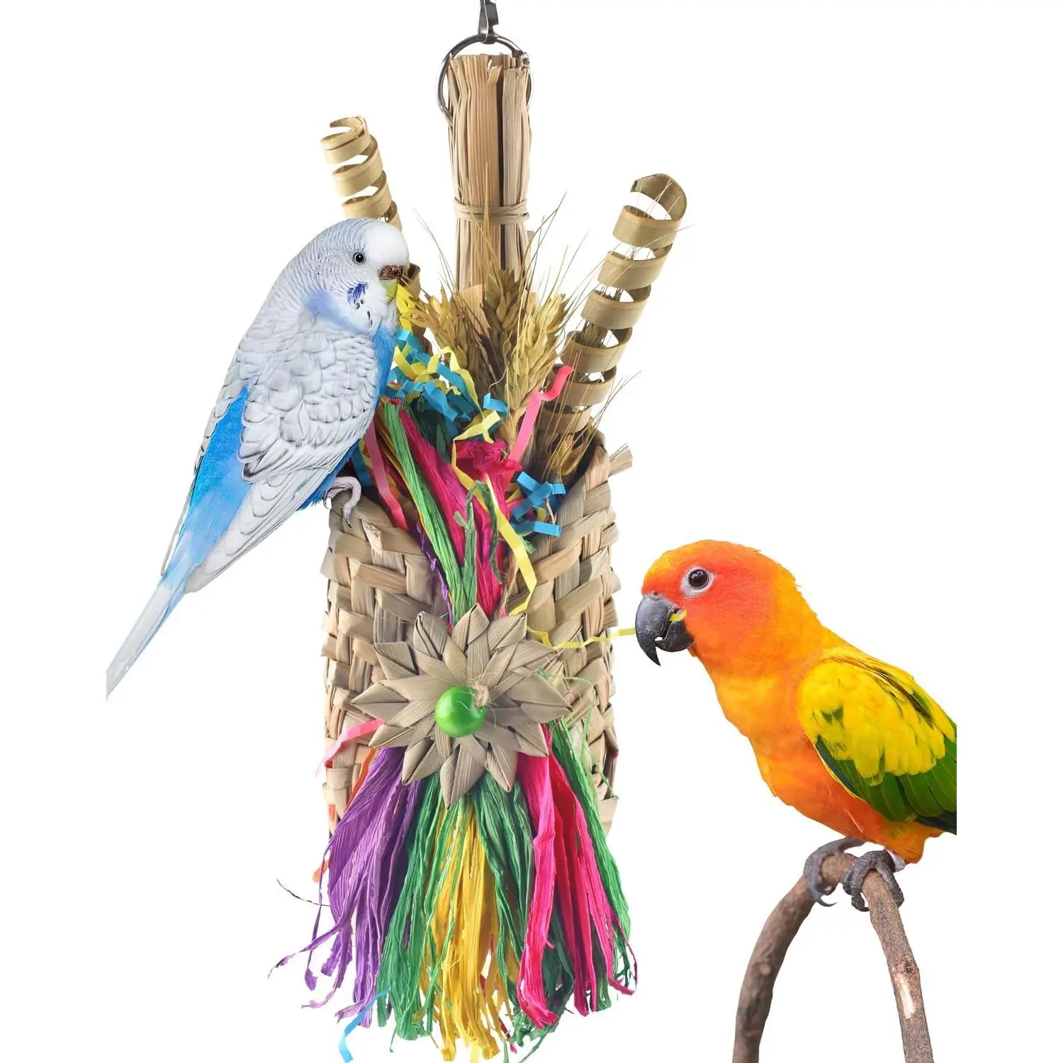 Parrot chewing toy, parrot foraging and biting device, natural palm leaf woven hanging cage toy, equipped with chewable treats, suitable for conures, budgies, lovebirds, cockatoos, and similar-sized pet birds