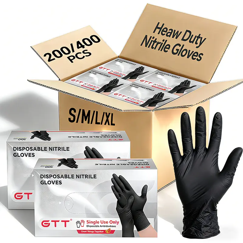GTT Heavy Duty 6mil Nitrile Disposable Gloves, Powder-Free, Latex-Free, Textured Grip, Food Grade, Chemical Resistant, Black Pack (200/400Pcs), for Commercial Use, Tattoos, Industrial Applications