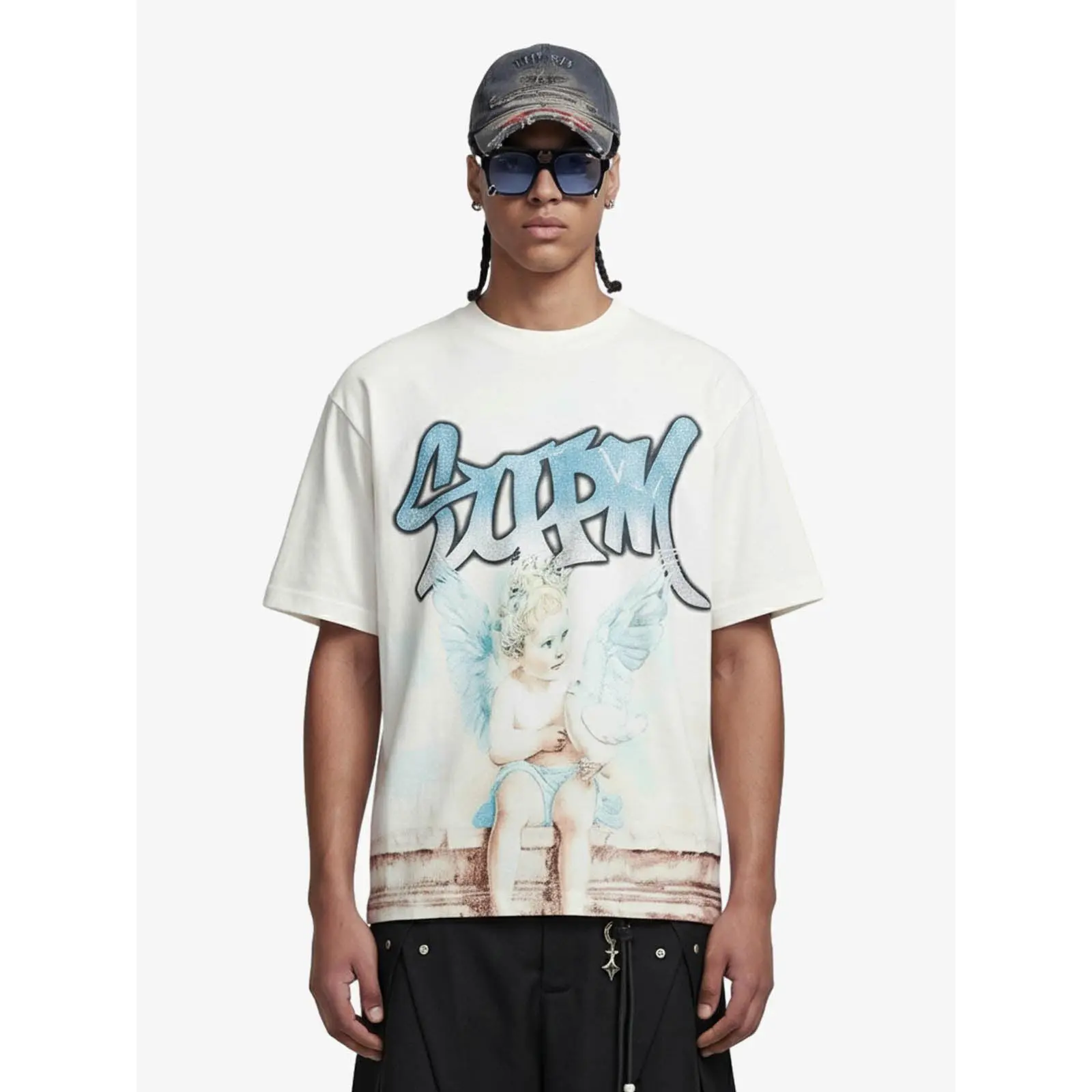 Thesupermade Retro Street Peace Dove Angel Rhinestone T-Shirt