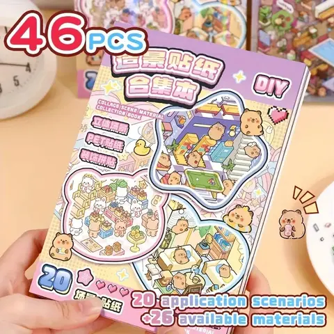 DIY 3D Sticker Scene Collection Book (Version 1+2 Set, Free Tweezer + Freebies) - 96 PCS 40 Sets Mini Shop Making Kits, Scrapbook Materials, Cute Stickers, Sweet Animal Scenes, No Glue, 3D Depth Fun, Kids’ Relaxing Birthday Craft Gift