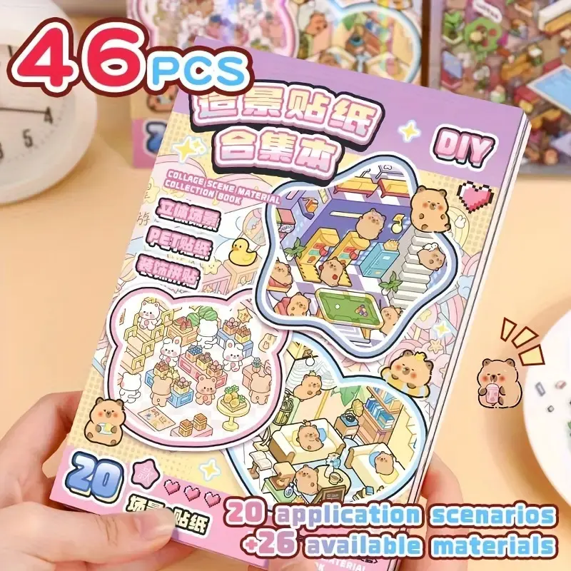 Yilan DIY 3D Sticker Scene Collection Book for Stress Relief - 96 PCS 40 Sets of Make Your Own Mini Shop Scenes Stickers for Girls Kids Adult Sticker Therapy Cute Animal Stickers for Birthday with Tweezers